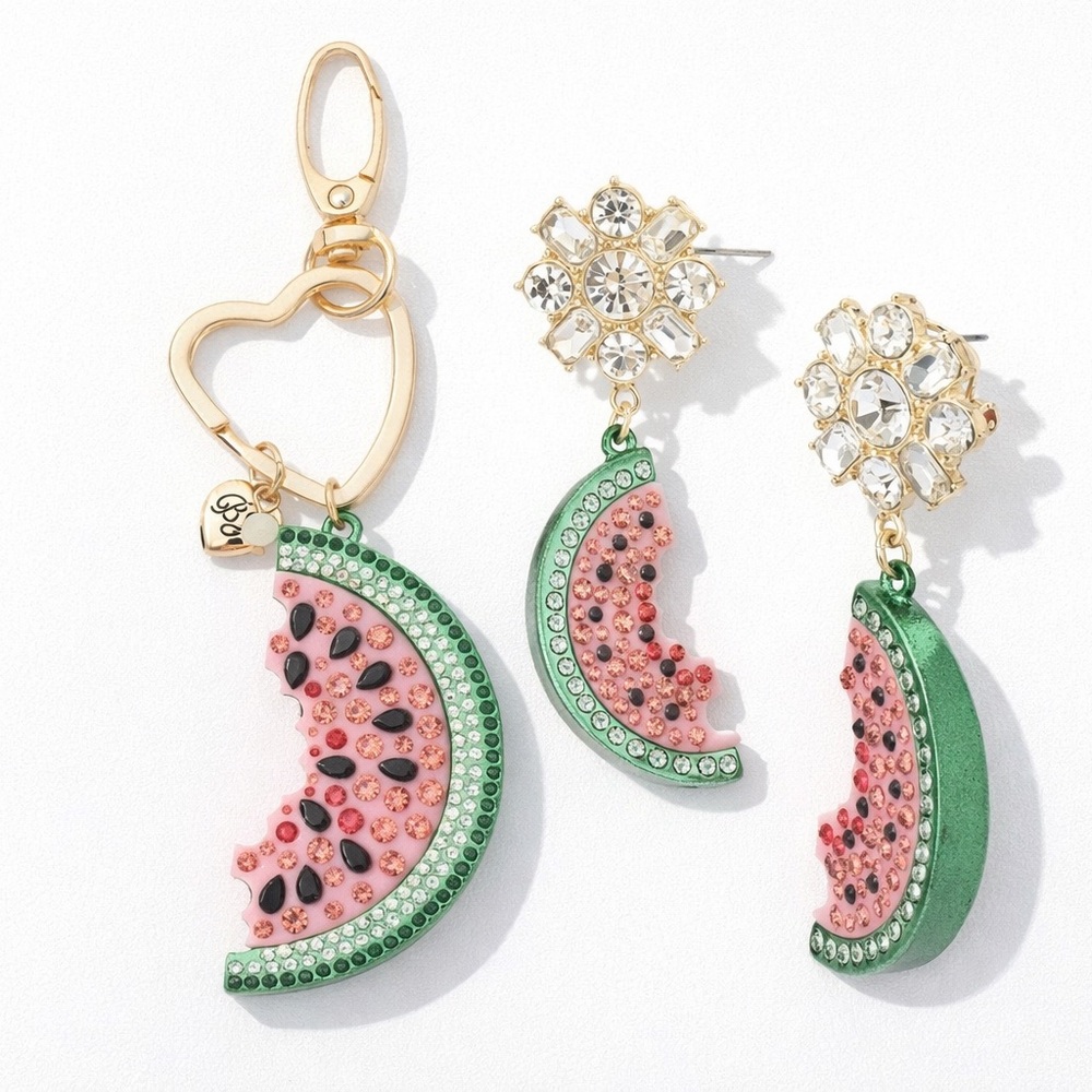 Betsey Johnson Set of 2 Pave Crystals Watermelon Earrings AND Bag Charm Keychain